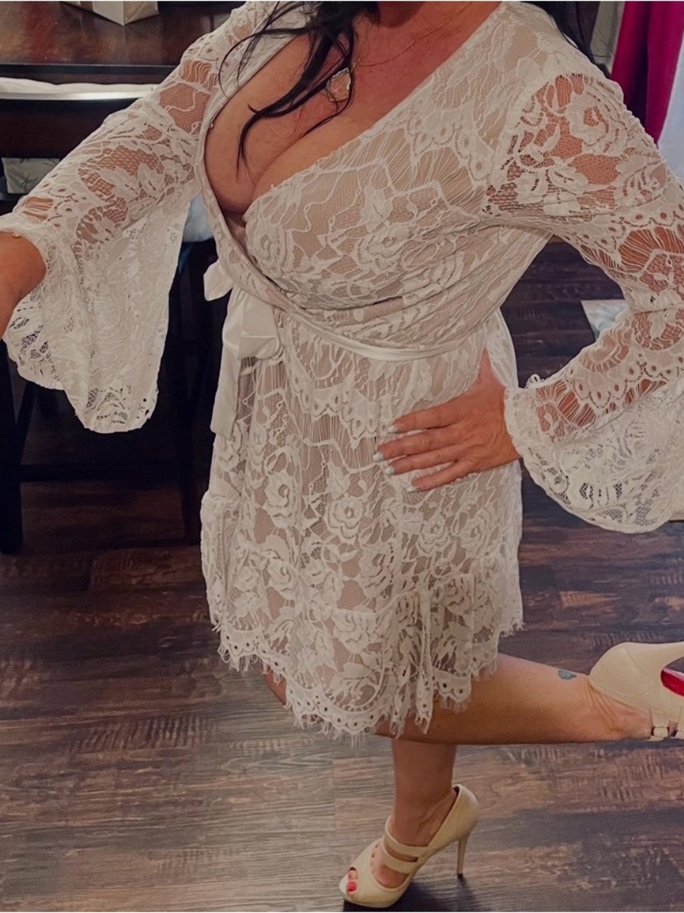 Southern Fried Chics Ivory Lace Long Sleeve V-Neck Dress - Picture 6 of 6